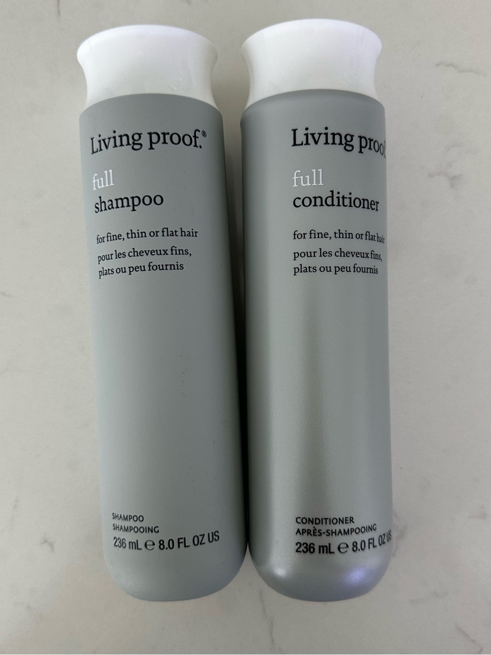 Living Proof Full Shampoo & Conditioner - Gray and White Bottles